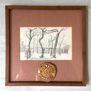 Staf Van Elzen - Landschap met medaille - Tekening, Ingelijst kopen? Bied vanaf 35!
