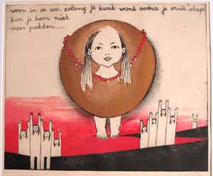 Ans Wortel - Ingelijste en met de hand ingekleurde ets , “Woon in de zon.....” – ca 1975 verkocht voor € 1!