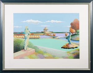 Niet of onleesbaar gesigneerd - Gouache op papier, Landschap met tempel en klassieke beelden - Ingelijst kopen? Bied vanaf 1!