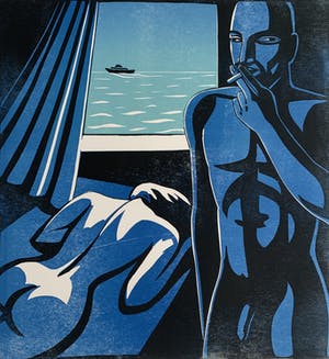 Leon Janssen - Houtsnede in zwart en blauw | 'Nachtwind' | 1987 kopen? Bied vanaf 120!