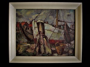 Frans Verpoorten - "Haarlemse Vijftiger" Expressionistisch Olieverf - Boten in Haven Monnickendam kopen? Bied vanaf 10!