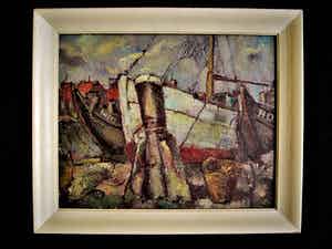 Frans Verpoorten - "Haarlemse Vijftiger" Expressionistisch Olieverf - Boten in Haven Monnickendam verkocht voor € 10!