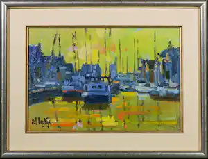 Rob Houdijk - Olieverf op doek, Schepen in haven Harlingen - Ingelijst verkauft für € 350!