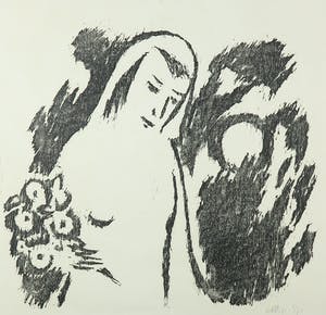 Theo van der Horst - Houtsnede, Vrouw met bloemen - Ingelijst kopen? Bied vanaf 35!