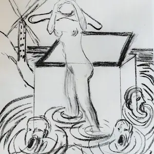 Hannes Postma - Grote in 2005 gemaakte houtskool tekening "Pandora's paddling" goed ingelijst kaufen? Bieten Sie von 58!
