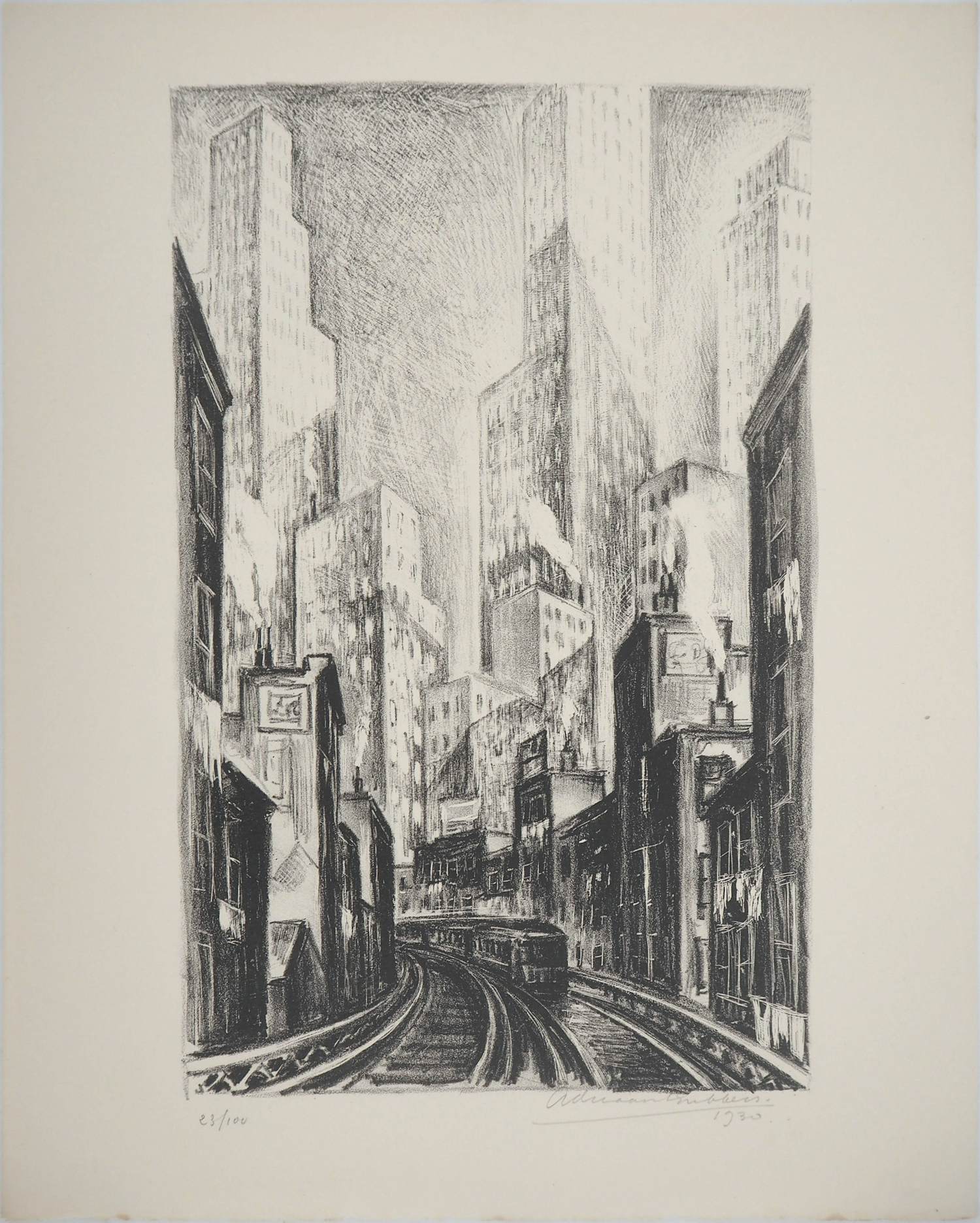 Adriaan Lubbers - New York, Subway op Chatham Square, originele gesigneerde lithografie kopen? Bied vanaf 250!