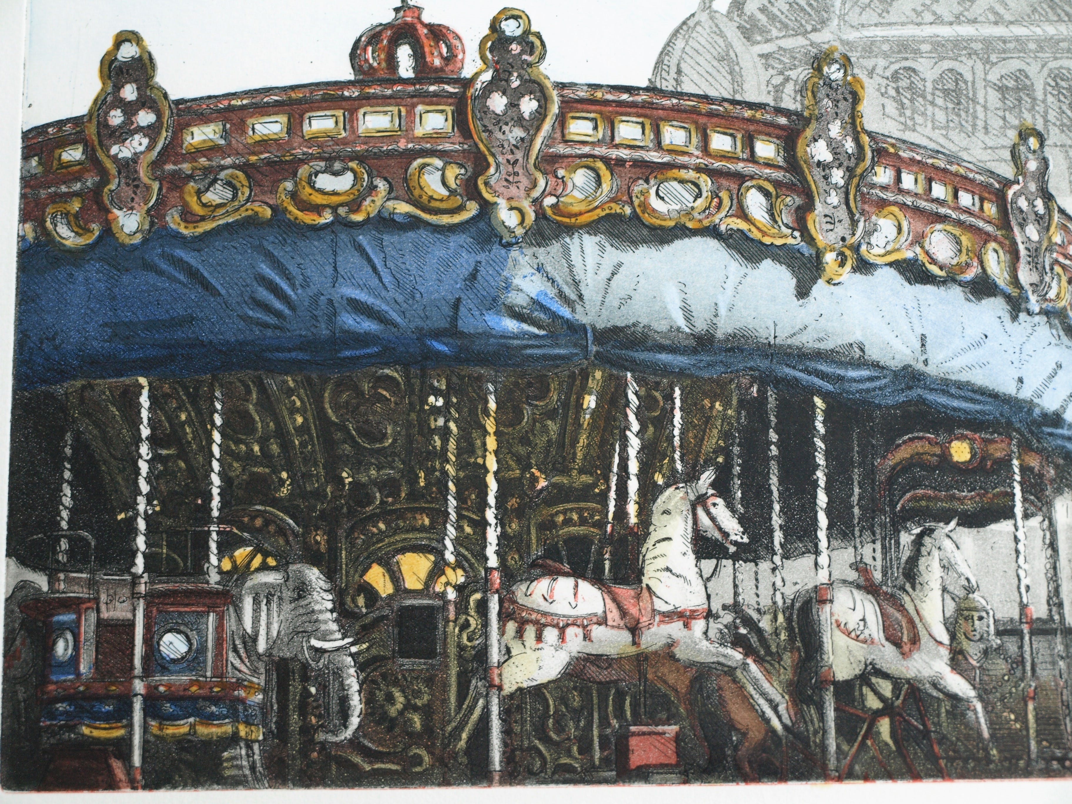 Wim Bettenhausen - Ets , Carousel bij Kurhaus , Scheveningen – ingelijst – 1995 kopen? Bied vanaf 75!