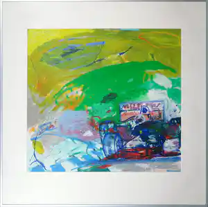 Jan van Diemen - Gemengde techniek op papier, Een race auto - Ingelijst verkocht voor € 40!