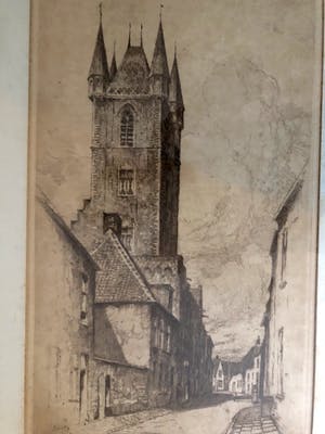 Eugene Lucker - Raadhuis Sluis in Zeeland - Ets, Ingelijst kopen? Bied vanaf 40!