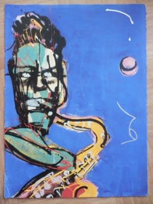 Herman Brood - Kleurenzeefdruk DE SAXOFONIST Handgesigneerd. kopen? Bied vanaf 1!