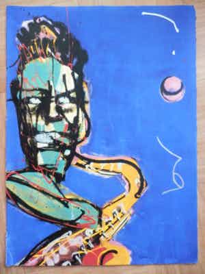 Herman Brood - Kleurenzeefdruk DE SAXOFONIST Handgesigneerd. verkocht voor € 1!