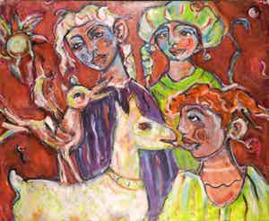 Christine Spierings - Olieverf op doek, Z.t. Drie vrouwen, eend en geit (Groot) verkocht voor € 1!