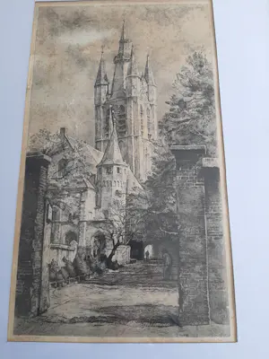 Willem Gerard Hofker - Ets, Prinsenhof en Oude Kerk te Delft kopen? Bied vanaf 45!