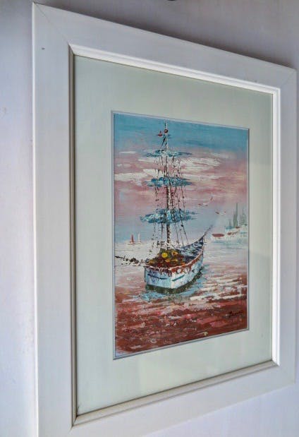 Niet of onleesbaar gesigneerd - Zeezicht met Zeilschip - Pastel olieverf - Gesigneerd met James kopen? Bied vanaf 1!