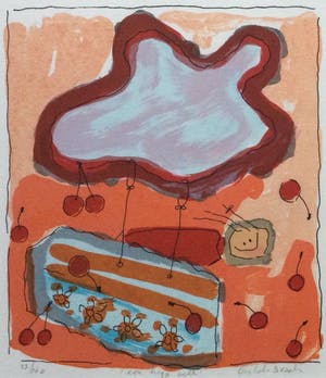 Geke uit de Bosch - Vliegen in een kersenregen - 'een hapje wolk' | kleuren zeefdruk (ingelijst) kopen? Bied vanaf 35!