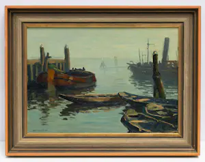 Ad Blok van der Velden - Ingelijste olieverf: Texels havengezicht kopen? Bied vanaf 1000!