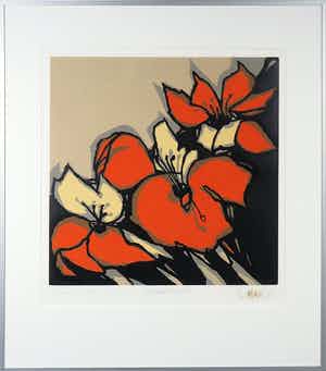 Fon Klement - Boardsnede, Les Fleurs Rouges - Ingelijst verkocht voor € 100!