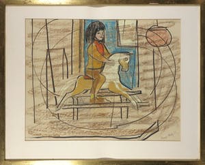 Margot Hudig-Heldring - Pastelkrijt, Kind op hobbelpaard - Ingelijst kopen? Bied vanaf 35!