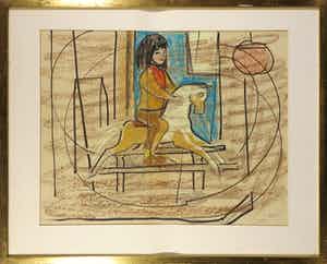 Margot Hudig-Heldring - Pastelkrijt, Kind op hobbelpaard - Ingelijst verkocht voor € 35!