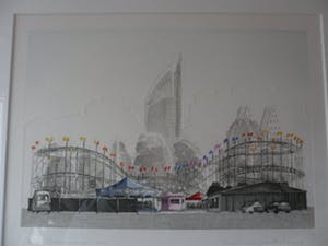 Wim Bettenhausen - Ingekleurde ets in preegdruk. Titel, "kermis aan het Malieveld". kopen? Bied vanaf 70!