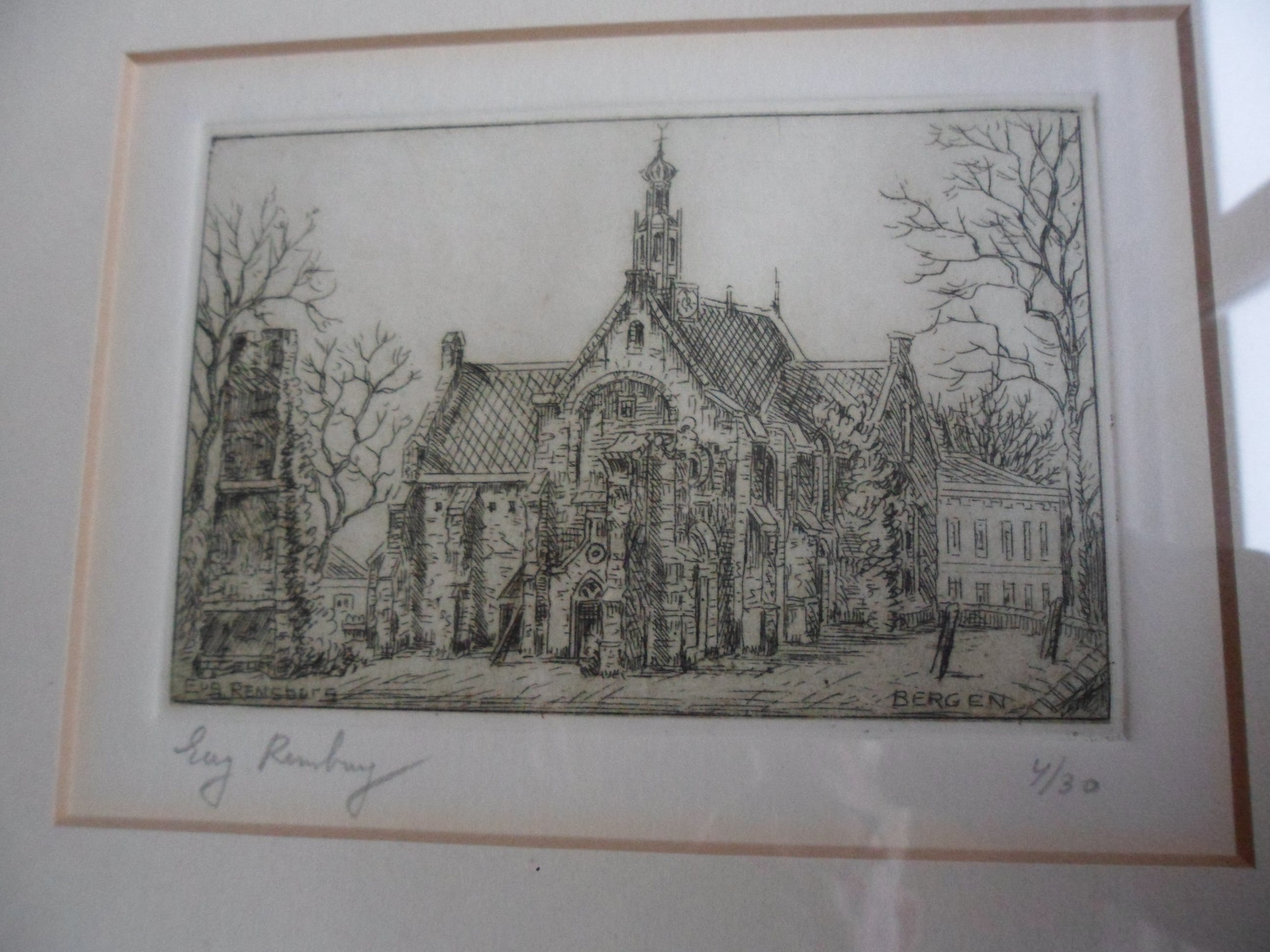 Eugene Rensburg - Ets, "Kerkje in Bergen". kopen? Bied vanaf 10!
