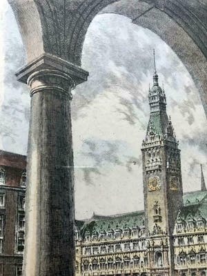 Albrecht Bruck - Hamburg- (oude) stadhuis- ingelijst; in hand- en druk gesigneerd. kopen? Bied vanaf 35!