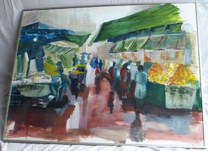 Niet of onleesbaar gesigneerd - Acrylverf en collage , De markt op een regenachtige dag – ingelijst - Groot kopen? Bied vanaf 1!