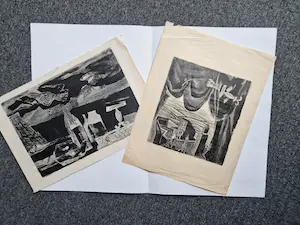 AcheterWim Beuning - TWEE (2) Grote E.A. Litho's "stad met gordijnen & flessen" - zeer kleine oplage? Enchérissez de 26!