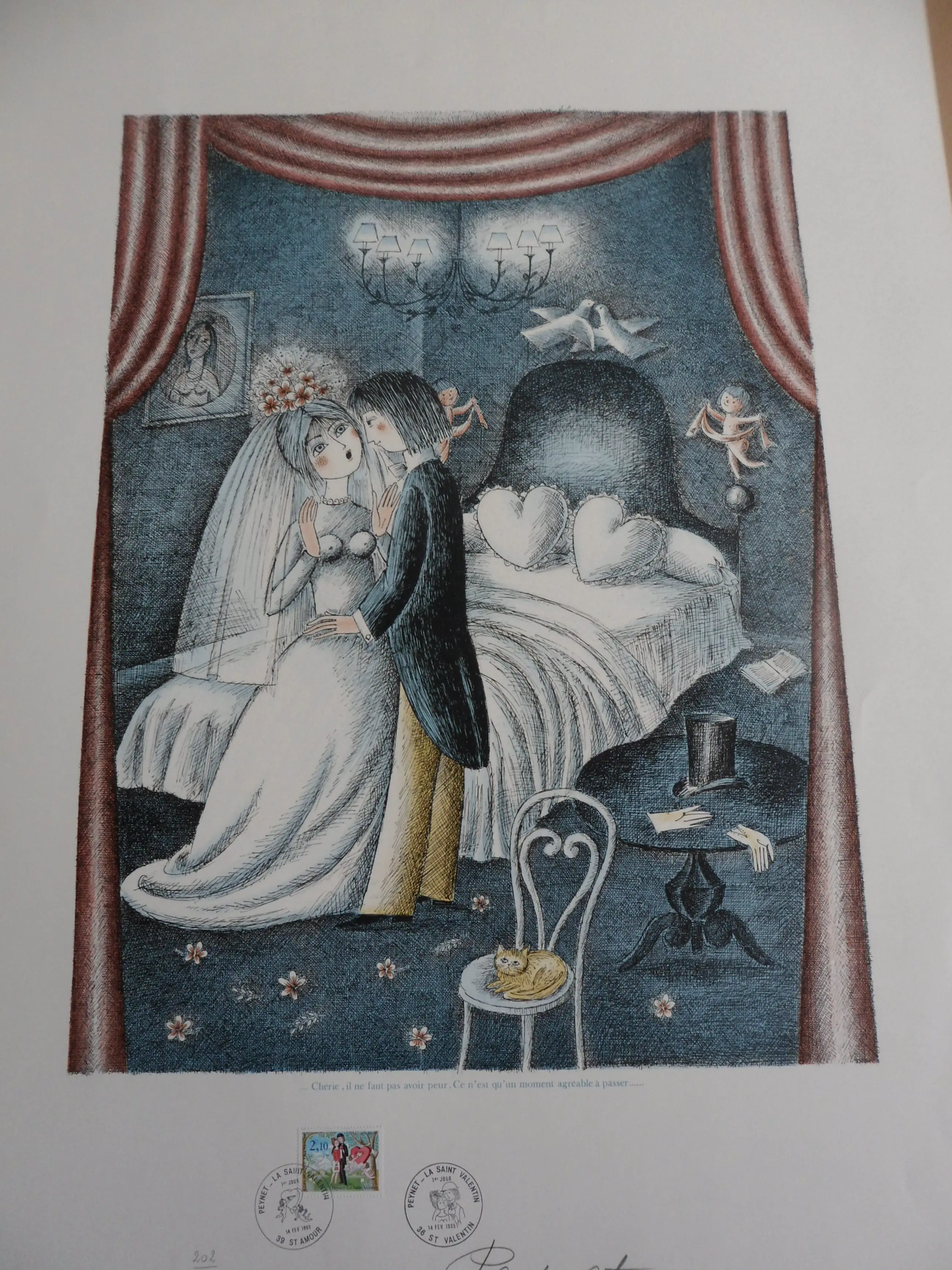 Raymond Peynet 【愛のバイオリン】lithograph Raymond Peynet - Litho. Titel, CHERIE, IL NE FAUT PAS AVOIR