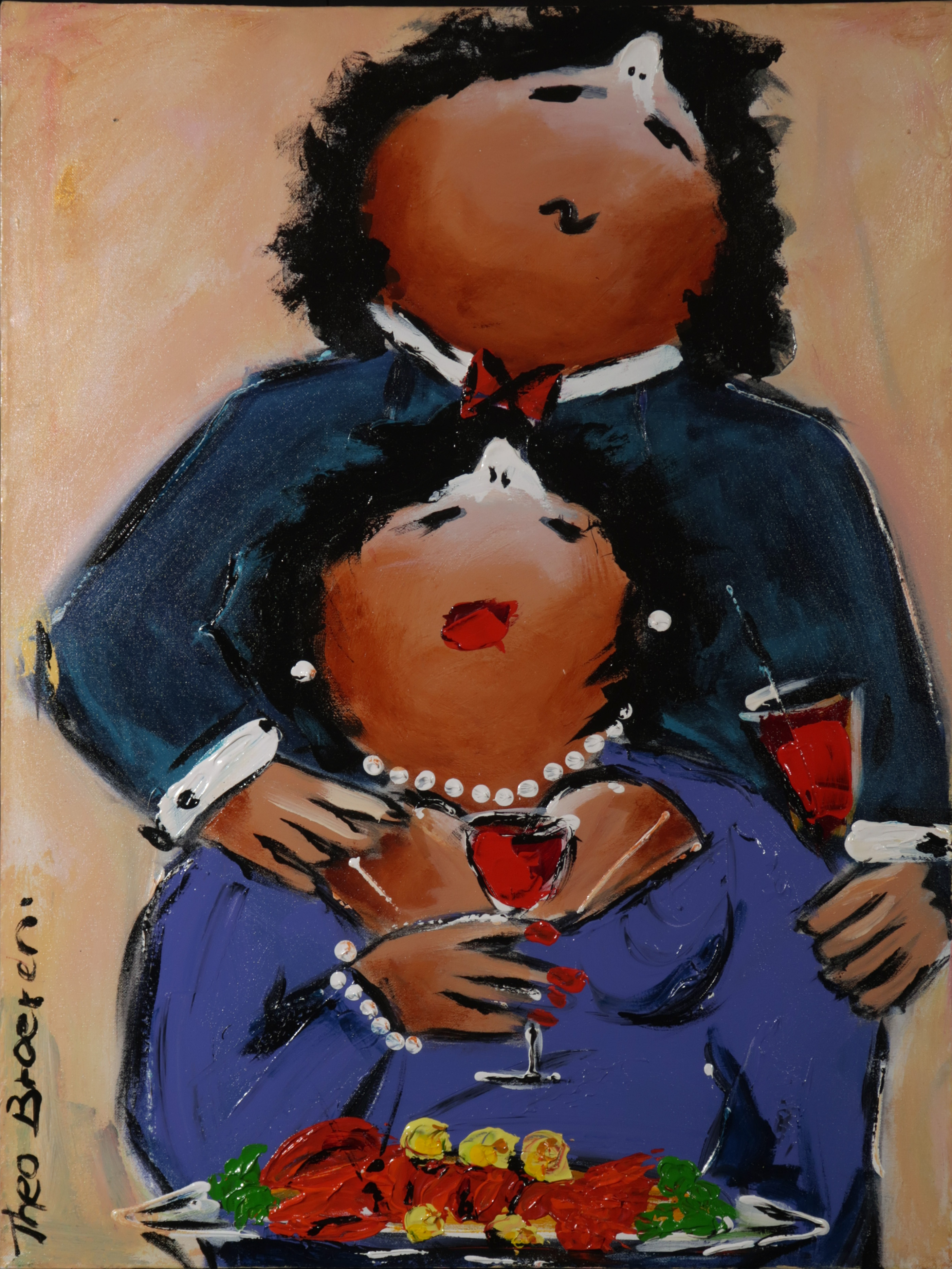 Theo Broeren - Acryl op doek, Kreeft en cocktails verkocht voor € 70!