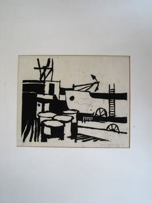 Hans Bernard - Jong gestorven Graficus - ZELDZAAM! - gesig. Linosnede "Haven scheepswerf" 1963 kopen? Bied vanaf 10!