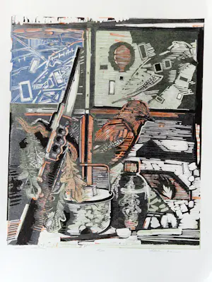 Luuk Scholten - Grote jaren 80 kleuren Linosnede "soldatenkamer" - oplage (100) - potloodges. kopen? Bied vanaf 49!