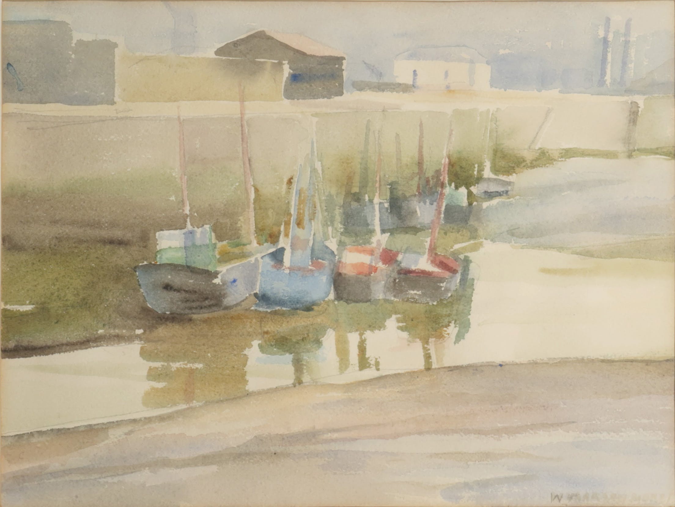 Niet of onleesbaar gesigneerd - Aquarel op papier, Zeilbootjes in de sloot -  kopen? Bied vanaf 1!