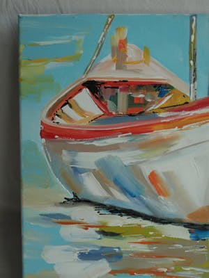 Niet of onleesbaar gesigneerd - Acrylverf op doek, Bootje in de haven kopen? Bied vanaf 10!