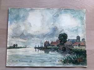 Clement Bezemer - zicht op onbekend plaatsje met dorp aan rivier kopen? Bied vanaf 25!