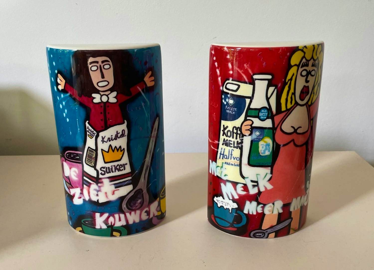 Plateelbakkerij Schoonhoven - Kunstaardewerken Suiker en melkhouder ontwerp Johan Huijzer verkocht voor € 28!