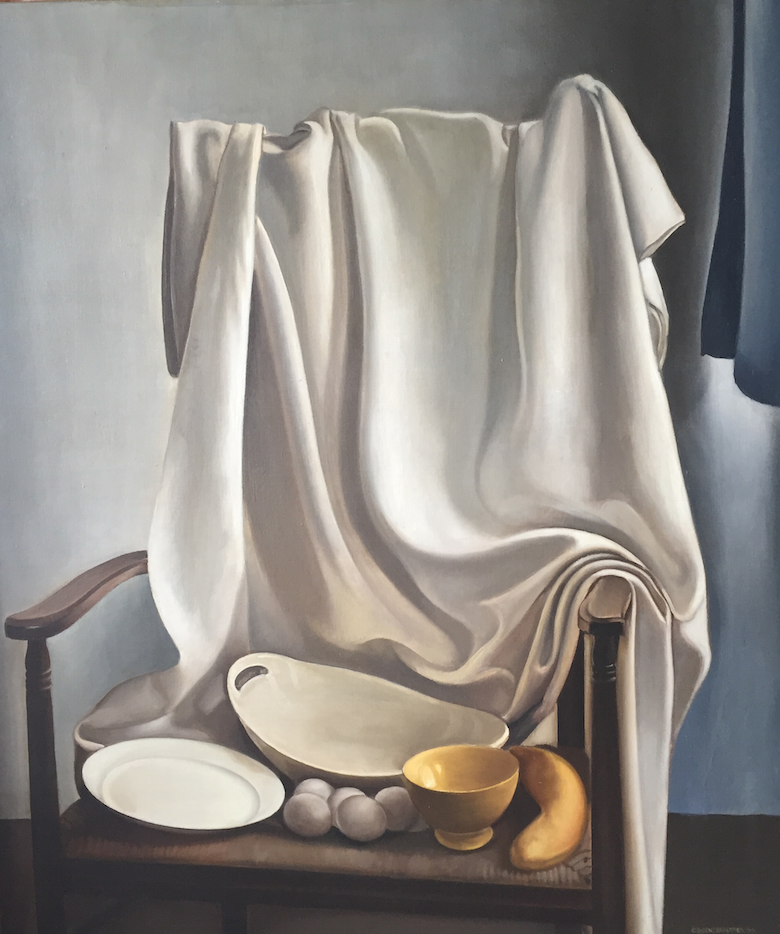 Kees Boendermaker - Stilleven (groot!) met eieren, banaan en schaal op rieten stoel kopen? Bied vanaf 650!