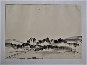 Niet of onleesbaar gesigneerd - Intrigerende 1961 Houtskooltek. "Bergachtig landschap met dorp" gesigneerd kopen? Bied vanaf 1!