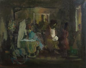 Niet of onleesbaar gesigneerd - Olieverf op doek, Kraamkamer met wieg kopen? Bied vanaf 1!