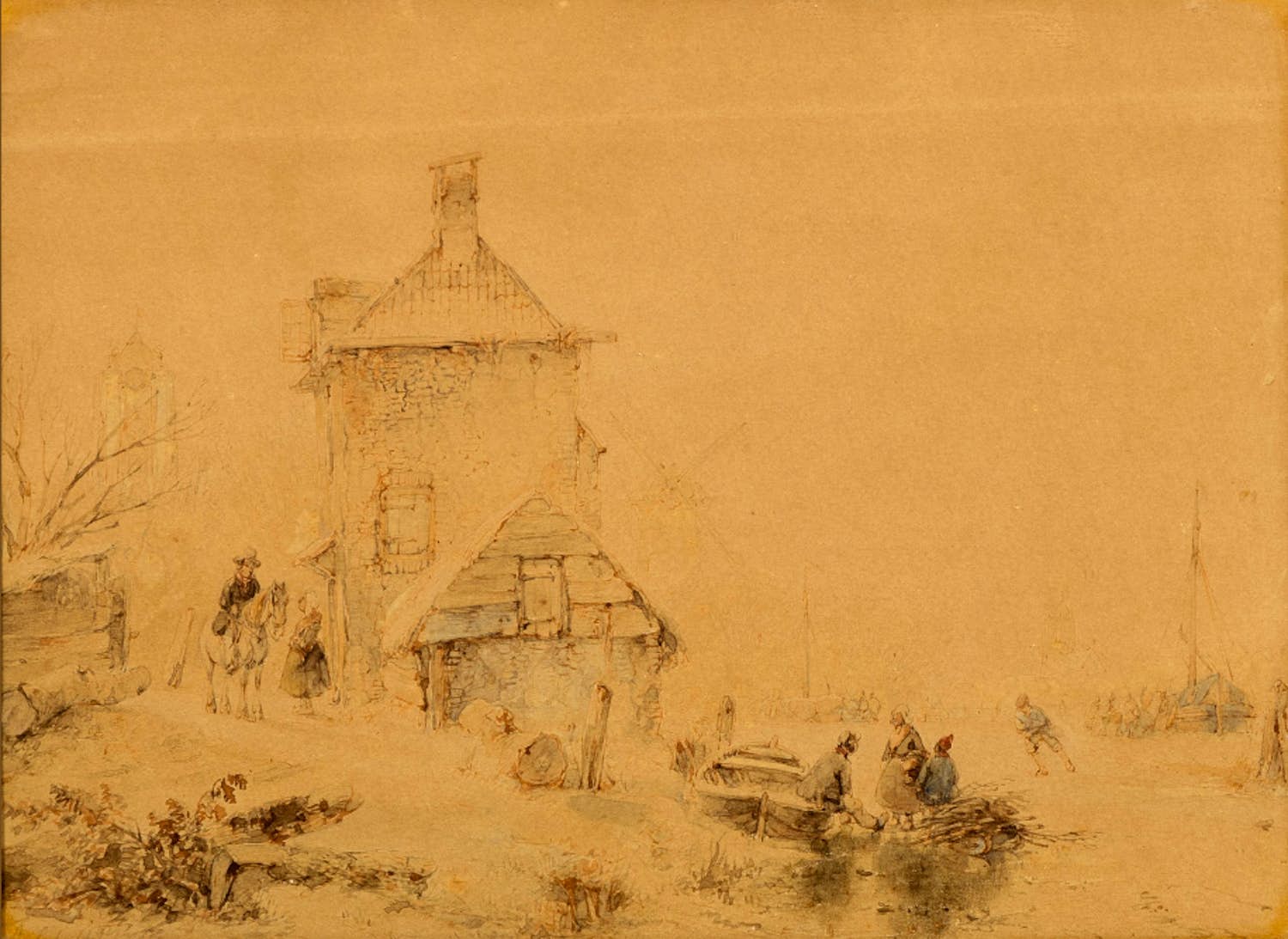 Andreas Schelfhout - IJspret op een bevroren vaart en figuren bij een huis en boot verkocht voor € 640!