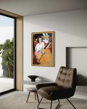 Rene Mels - Frau mit Gitarre – Großes und wunderschönes ausdrucksstarkes Gemälde kopen? Bied vanaf 800!