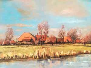 Jo van Lookeren -van Naerssen - Hollands landschap met huizen langs de ringvaart verkocht voor € 1!