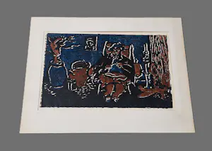 Wim Noordhoek - jaren 60 handgekleurde Linosnede "interieur met breiende vrouw" gesigneerd kaufen? Bieten Sie von 37!