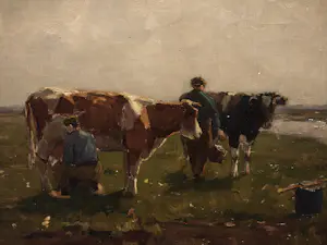 Bernard van Beek - Olieverf op paneel, Koeien Melken kopen? Bied vanaf 295!