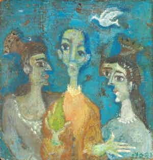 Niet of onleesbaar gesigneerd - Olieverf op paneel, Compositie met drie figuren en duif verkocht voor € 1!