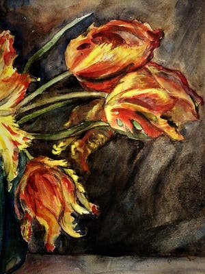 Willem Karel Rees - Rond 1930 - Aquarel - uitgebloeide Tulpen - Lijst & passe partout orig Art-Deco kopen? Bied vanaf 40!