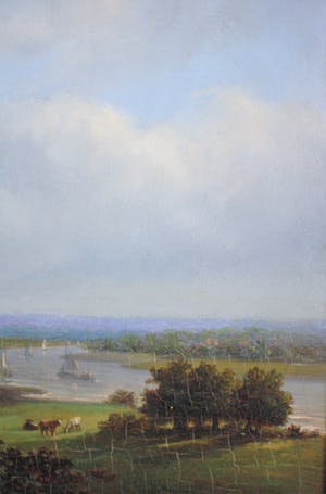 Salomon Leonardus Verveer - Landschap met zicht op stad aan het water (mogelijk Arnhem) kopen? Bied vanaf 950!