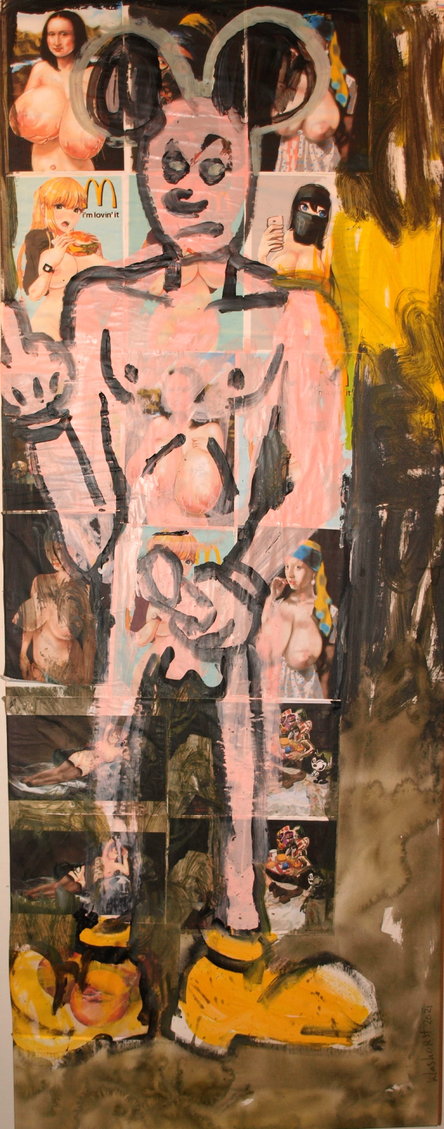 Peter Klashorst - Acrylverf en collage op doek – GROOT , 195 x 75 cm - 2021 verkocht voor € 1!