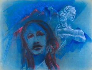 Joe Wols - Gemengde techniek op papier, Portret vrouw blauw kopen? Bied vanaf 1!