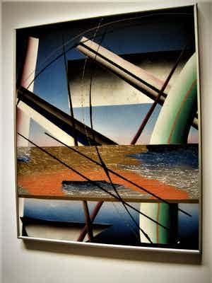 Niet of onleesbaar gesigneerd - Bijzonder geometrisch abstract schilderij met olieverf en zilverfolie. verkocht voor € 1!